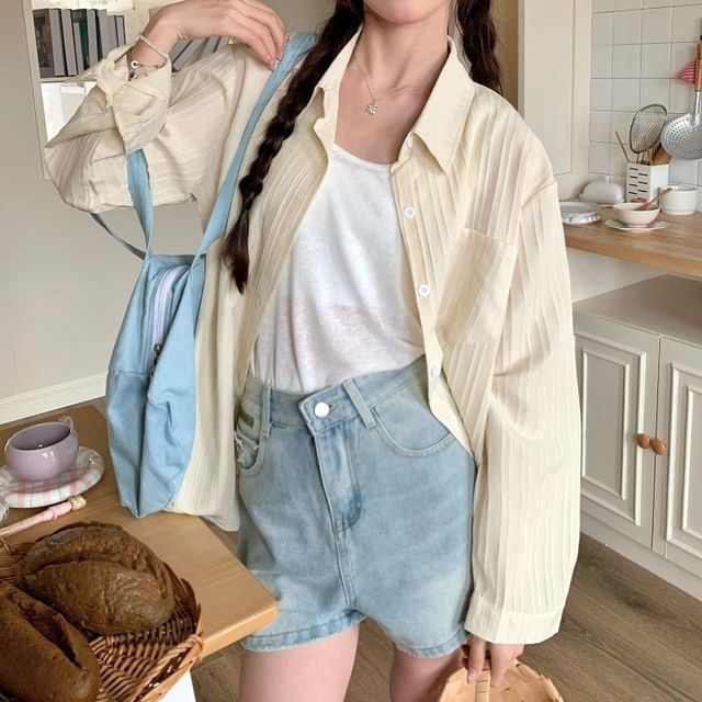 Dreamkura-Long-Sleeve Ribbed Plain Shirt