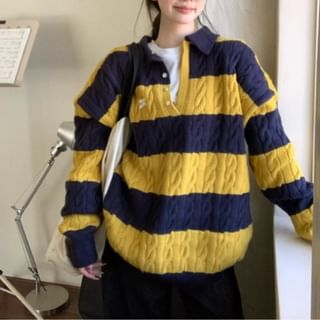 Beem-Drop Shoulder Polo Collared Striped Oversized Sweater