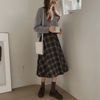 Yunhouse - Plain Cardigan / Plaid Midi Skirt / Set | YesStyle