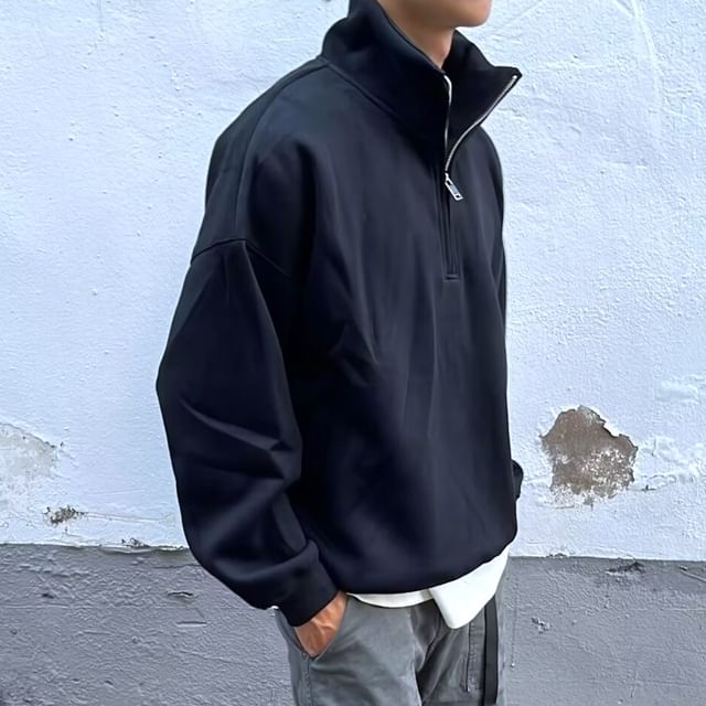 Urtishia-Stand Collar Plain Half Zip Sweatshirt