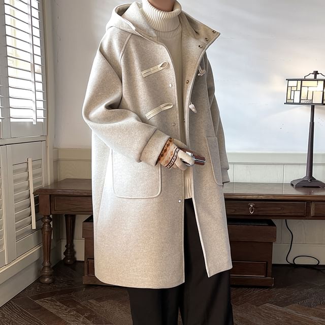 Orungeetun-Long-Sleeve Toggle Woolen Trench Coat
