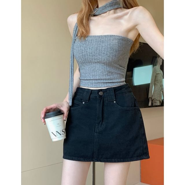 Beem-High Waist Washed Mini A-Line Denim Skirt