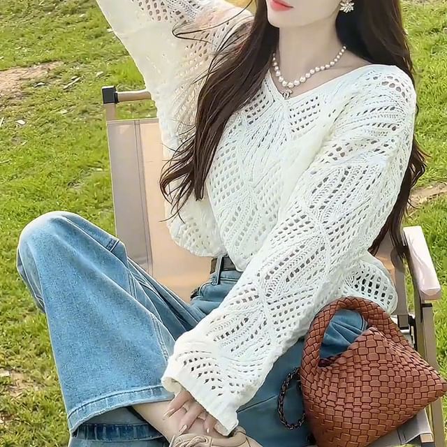 MIKIGA-V-Neck Plain Pointelle Knit Sweater