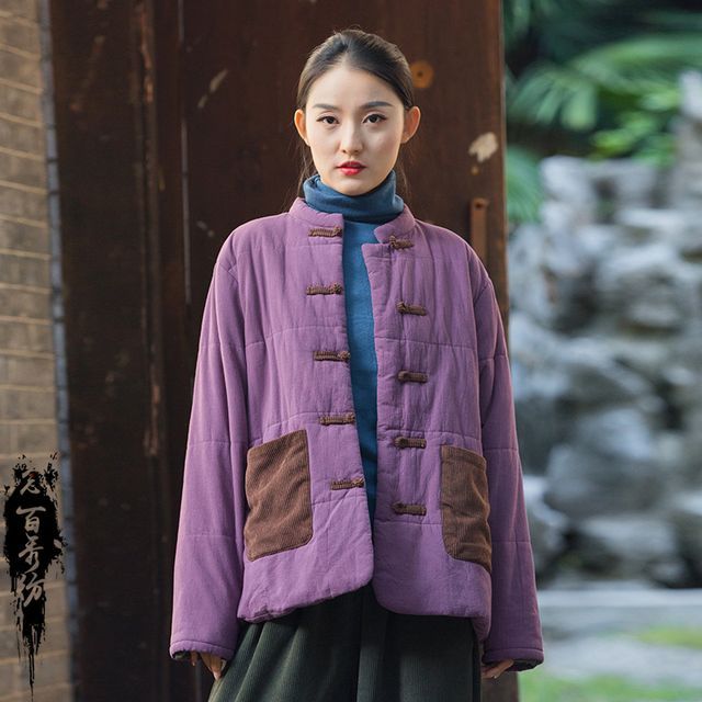 Lewwe-Crew Neck Frog Button Padded Jacket