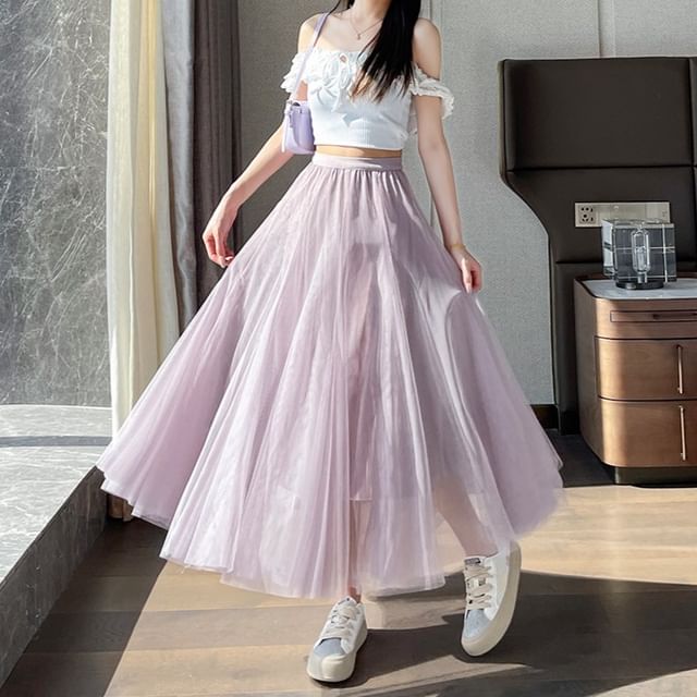 Dragan Pulse - High Waist Plain Mesh Panel Maxi A-Line Skirt