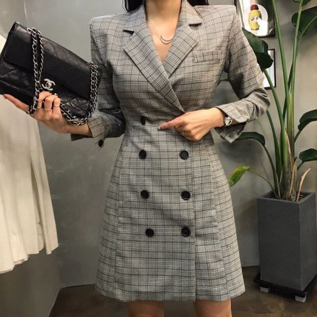 plaid double breasted blazer dress