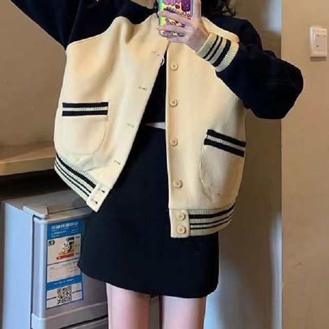 Cossita-Crewneck Two Tone Button-Up Jacket