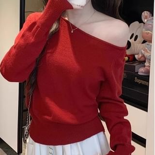 Trendycas-One-Shoulder Long-Sleeve Plain Knit Top