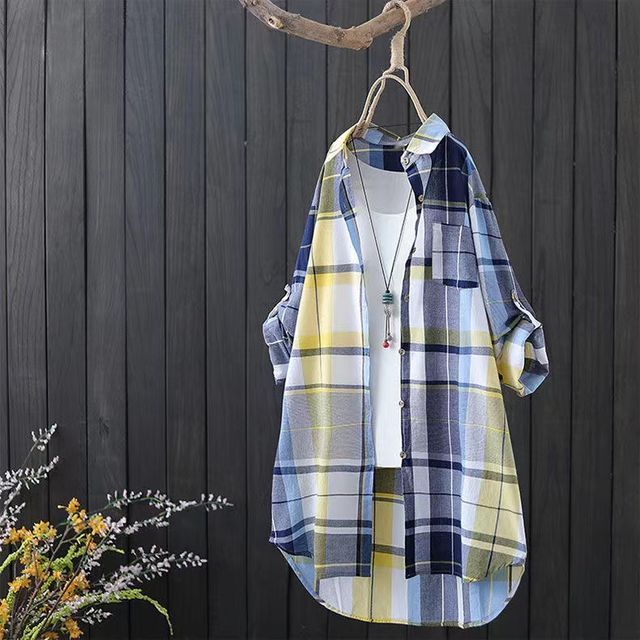 INEN-Long-Sleeve Plaid Oversized Shirt