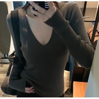 Trendycas-V-Neck Plain Ribbed Sweater