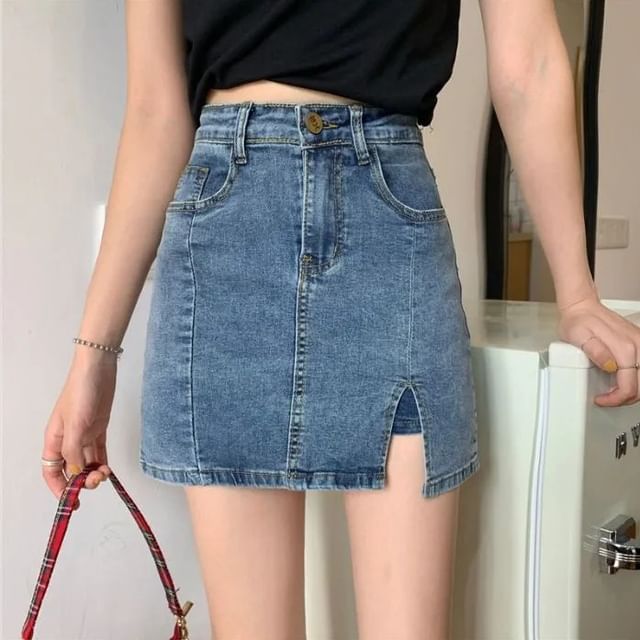 Coline-High Waist Slit Denim Skort