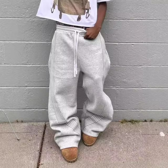 Jerolenea-Drawstring Waist Striped Baggy Sweatpants