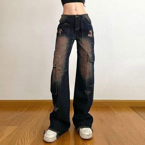 Genrovia - Low Waist Washed Ripped Frayed Wide Leg Cargo Jeans