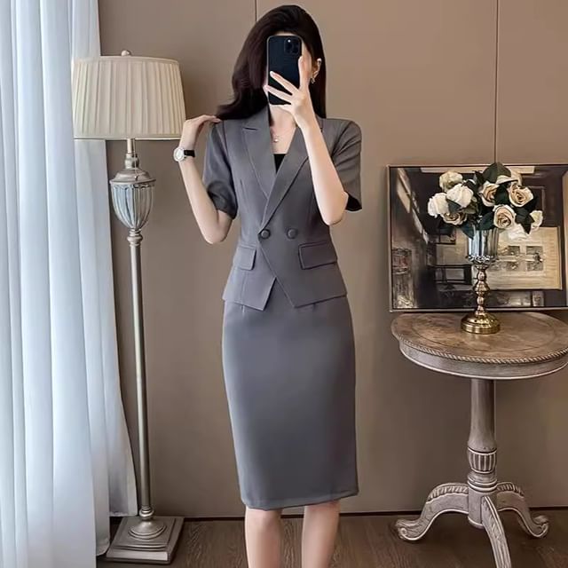Skyheart-Short-Sleeve Peak Lapel Plain Double Breasted Blazer High Waist Pencil Skirt Set