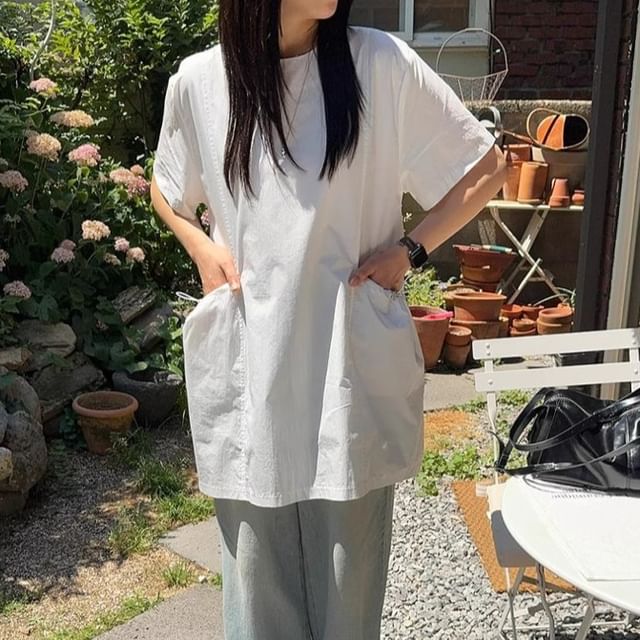 MIKIGA-Elbow-Sleeve Crew Neck Plain Drawstring Tunic