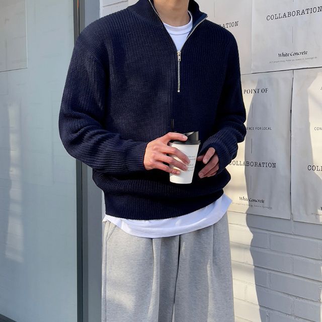 MRCYC-Mock Neck Plain Half-Zip Sweater