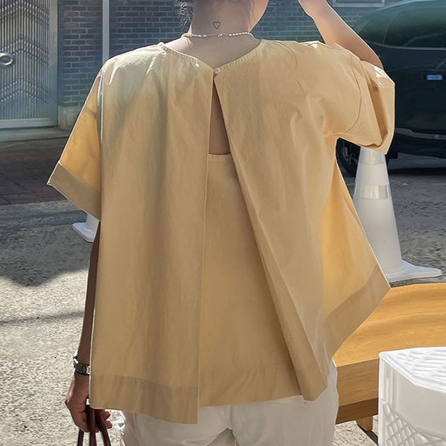 Coris-Short-Sleeve Crew Neck Plain Open Back Blouse