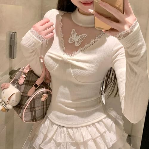Metonymph - Long Sleeve V-Neck Lace Trim Butterfly Panel T-Shirt