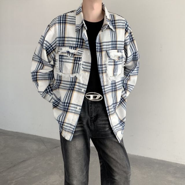 Freehop-Long Sleeve Collared Plaid Button Up Distressed Oversized Button Up Shirt