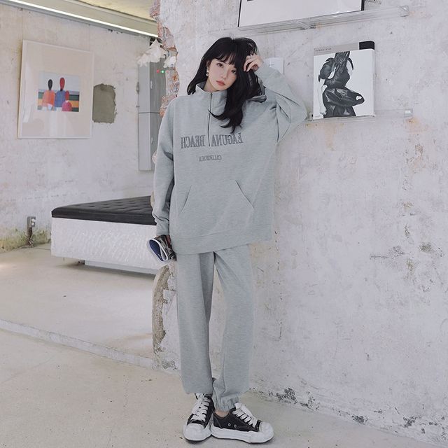 Set : Lettering Embroidered Sweatshirt + Sweatpants