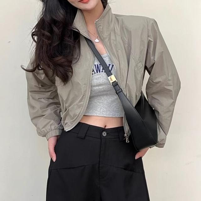 Shinsei-Stand Collar Plain Drawstring Hem Zip-Up Crop Jacket