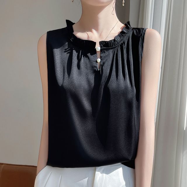 Weelop-Sleeveless Frill Trim Plain Top