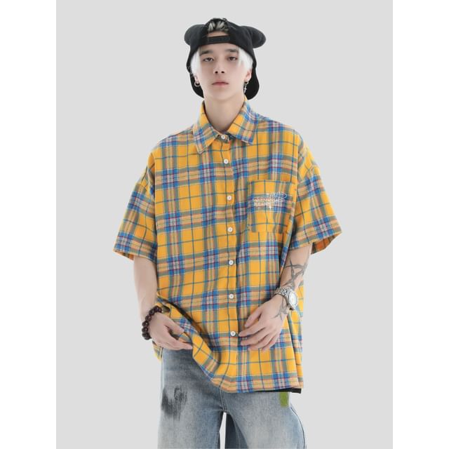 INStudio-Collared Plaid Button Up Shirt Various Designs