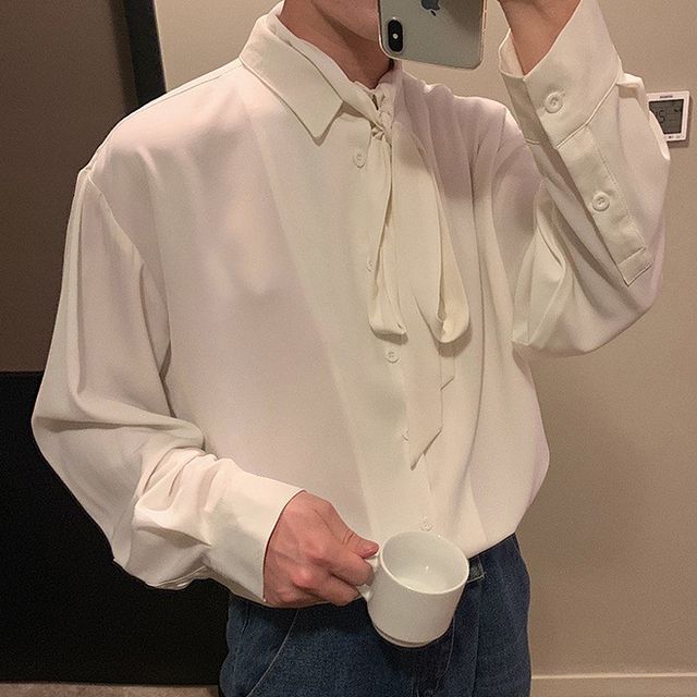 Omozando-Long-Sleeve Plain Tie-Neck Shirt