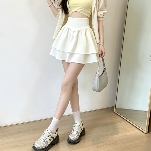 DIYI-High Rise Plain Ruffle Mini A-Line Skirt