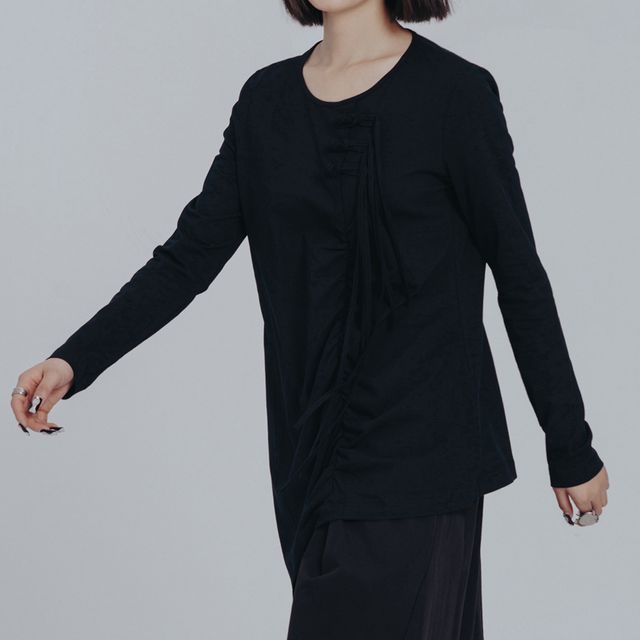 SIMPLE BLACK-Long-Sleeve Asymmetrical Drawstring T-Shirt