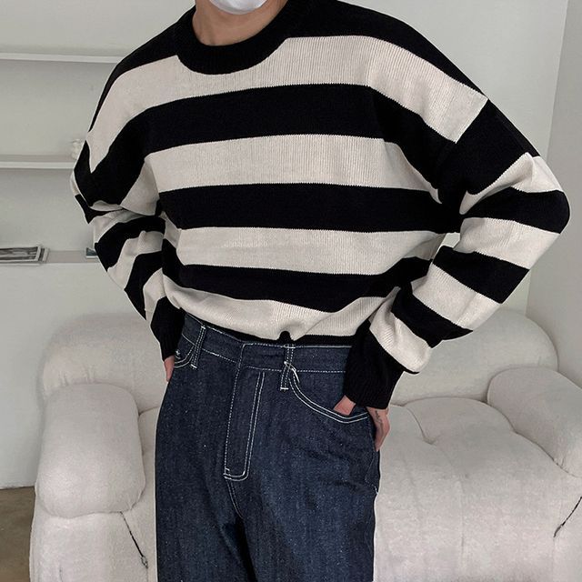 Omozando-Crew Neck Striped Sweater