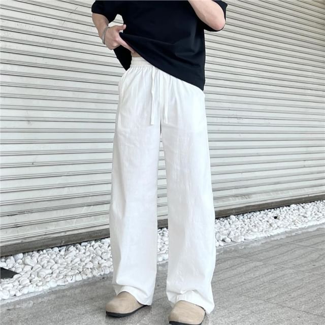 Breeson-Drawstring Waist Plain Straight Leg Pants
