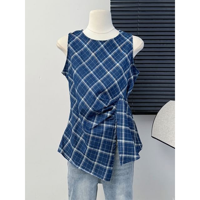 Lemongrass-Asymmetrical Sleeveless Argyle Loose Blouse