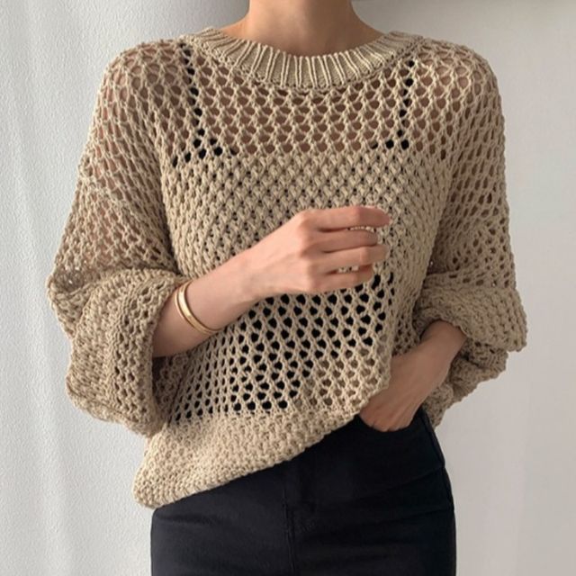 Rosesand Long Sleeve Crochet OpenKnit LooseFit Sweater YesStyle