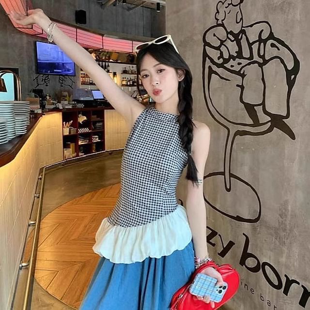 PERKARP-Halter Neck Gingham Asymmetrical Bubble Hem Slim Fit Top