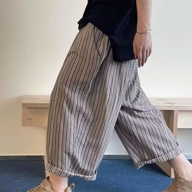 Sinlarity-Drawstring Waist Striped Cropped Wide Leg Pants