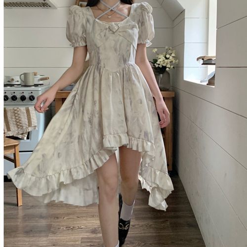 Short-Sleeve Lace Trim High Low Cocktail Dress