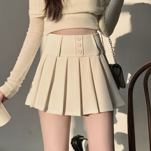 Magimomo - High Waist Plain Mini A-Line Pleated Skirt | YesStyle