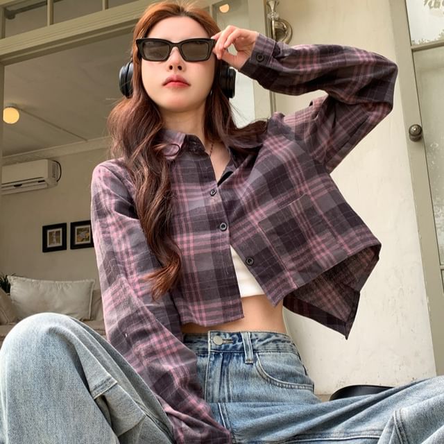 Iduna-Long-Sleeve Plaid Crop Shirt