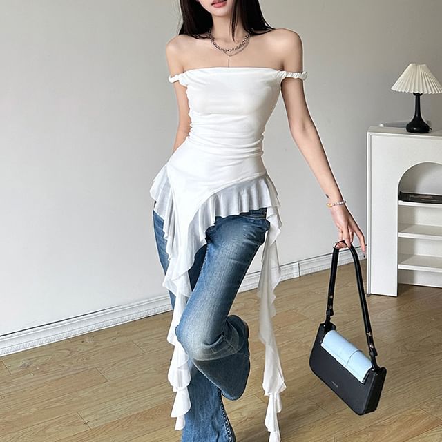 Sugarcoat-Off Shoulder Plain Ruffle Trim Top