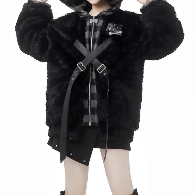 Florimi-Plaid Numbering Applique Buckled Hood Panel Fluffy Zip Jacket