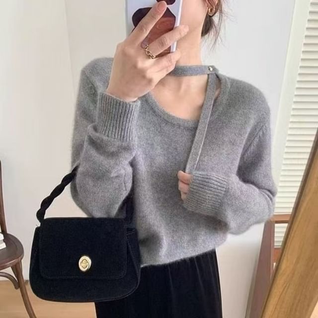 Bigfol-Scoop Neck Plain Sweater