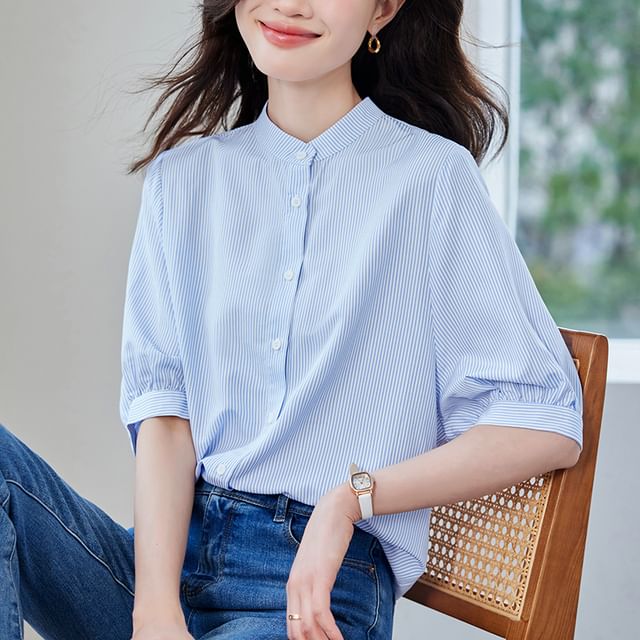 Dragan Pulse-34-Sleeve Stand Collar Striped Button-Up Blouse