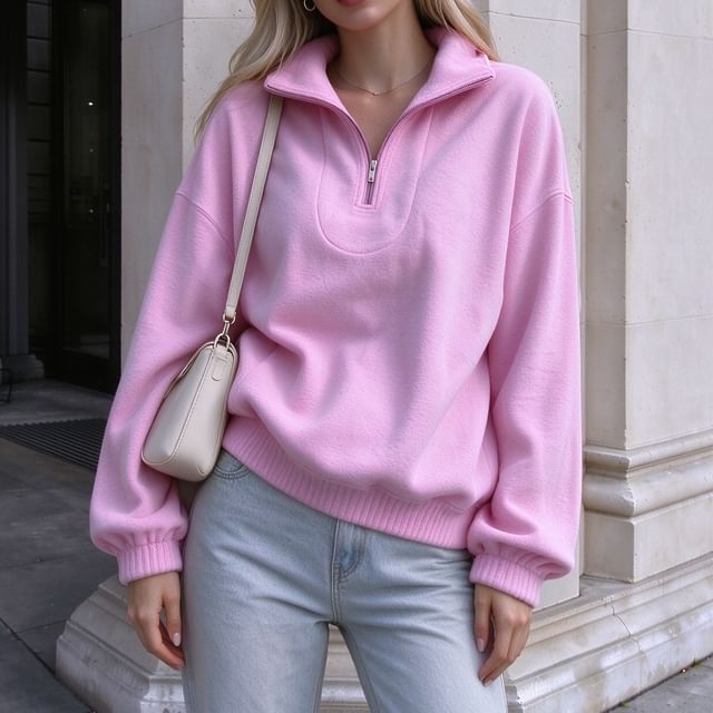 Core Label-Stand Collar Plain Half Zip Pullover
