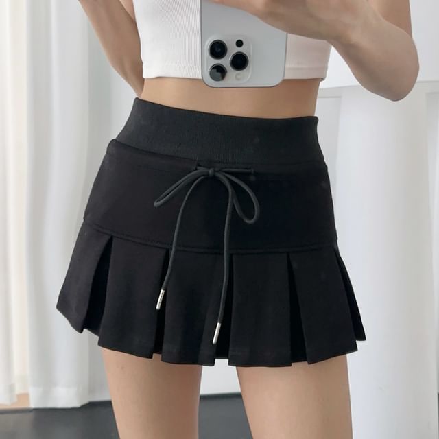 Asiris-Drawstring Waist Plain Mini Pleated Skirt