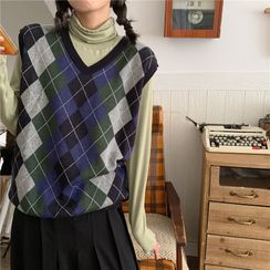 Zepto - Argyle Pattern Knit Vest / Turtleneck Long-Sleeve Top Zepto - Argyle Pattern Knit Vest / Turtleneck Long-Sleeve Top