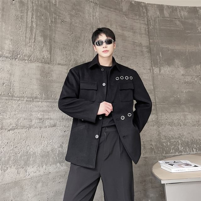 Freehop-Collared Plain Grommet Flap Pocket Button Jacket