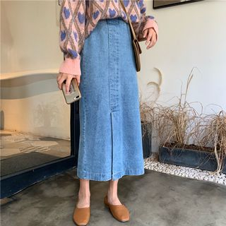 jumper and denim skirt