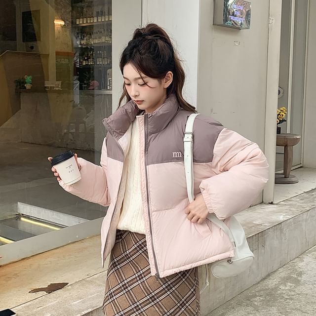 Sienne-Stand Collar Two Tone Zip Puffer Jacket