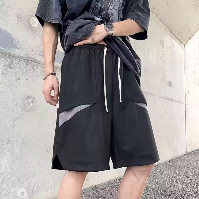 Ateso-Drawstring Waist Two Tone Panel Sweat Shorts